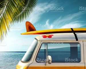 Detail Of A Vintage Van In The Beach With A Surfboard On The Roof